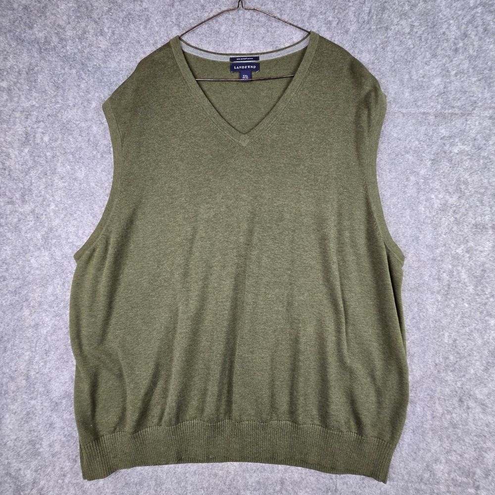 Lands' End Sweater Vest Mens XXL Olive Green Regular Fit Supima Cotton V-Neck